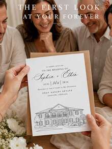 1pc Customized Venue Line Art Wedding Invitations, Personalized Wedding House Sketch Greeting Cards, Customized Text Wedding Venue Illustration Greeting Cards. - Multicolor - View 7