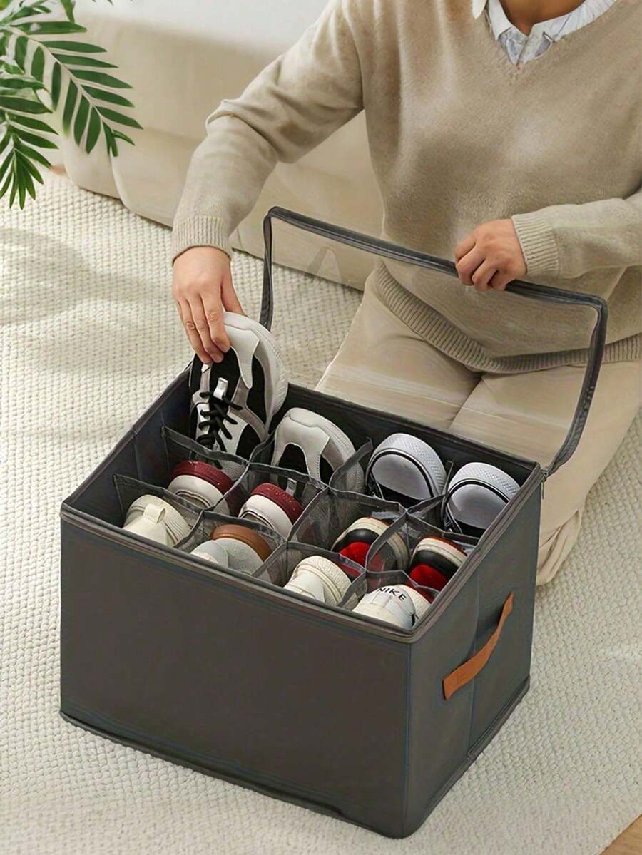 Foldable Shoe Storage Box With Dividers, Dust-Proof Zipper Shoe Storage Bin, Reinforced Handle, Multi-Compartment Shoe Organizer, Suitable For Closet, Entryway, Home - Multicolor - View 1