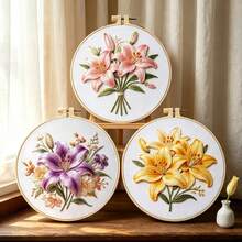 3D 浮雕百合花刺繡全套材料包，粉色/黃色/紫色 3 色可選，適合初學者的絲線刺繡套組，附圓形刺繡框，居家裝飾，節日手工禮物 - 多色 - 查看 13
