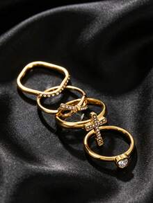 4pcs Exquisite 18K Gold Plated Stainless Steel Rhinestone Cross Heart Bow Rings For Women And Men, Daily Wear, Dating, Gift - Gold - View 4