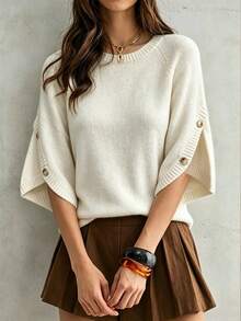 Women's Casual Autumn/Winter Solid Beige Round Neck Batwing Sleeve Knit Sweater With Button Design/Daily Commute Office Pullover - Apricot - View 8