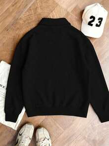1pc Women's Black Long Sleeve Polo Collar Sweatshirt, Autumn Casual Loose Half-Zip Pullover - Black - View 2