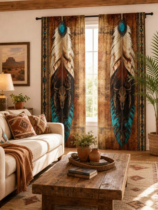2pcs Bohemian Turquoise Feather Pattern Semi-Sheer Bedroom Curtains, No-Drill Rod Pocket Design, Rod Pocket Hanging, Vintage American Country Style Living Room Curtains, Kitchen Curtains, Suitable For Home Decor, Room Decor, House Decor Partition, Polyester Material, Machine Washable And Hand Washable