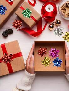 1pc/30pcs/80pcs Holographic Multicolor Christmas Star Bow Set, 3D Shiny Gift Wrapping Flower, Curled Ribbon Christmas Tree Hanging Ornament, Holiday Party Gift Box Decoration - Ribbon Bow - View 9
