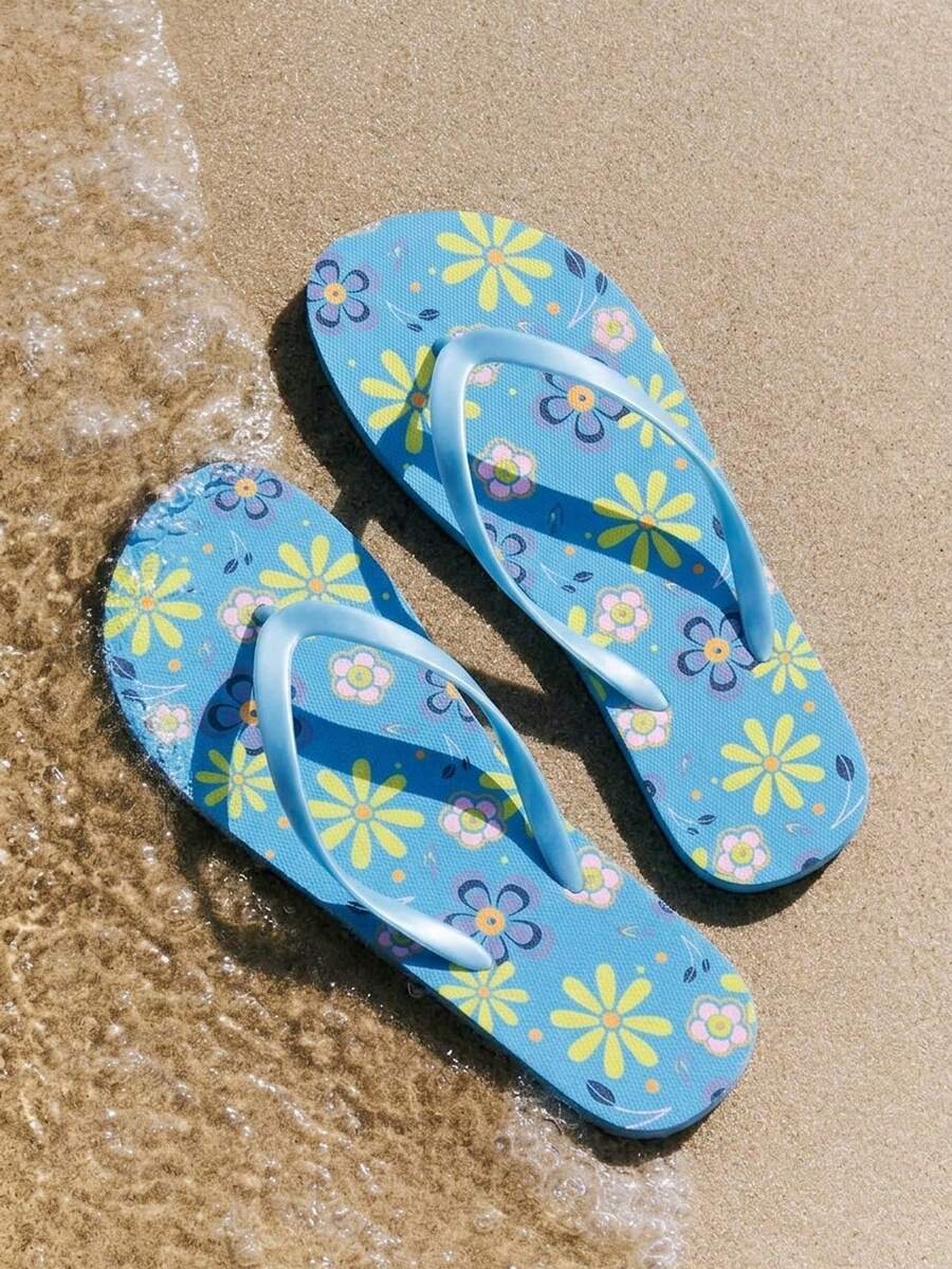 Grefit 女款夏季熱帶印花夾腳拖鞋,時尚沙灘夾腳拖鞋,適合夏季度假和新年假期休閒沙灘風 - 青藍色 - 查看 1