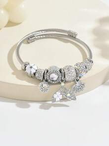 1pc Ocean Style Multi-Element Pendant Stainless Steel Bracelet For Women, Suitable For Vacation Wear - Silver - View 4