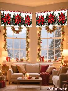 1 Buah Tirai Valance Natal Poliester, Motif Poinsettia, Santa, dan Manusia Salju, Valance Dapur, Tirai Jendela Pendek dengan Kantong Batang untuk Dekorasi Rumah Liburan Natal - MultiWarna - View 7