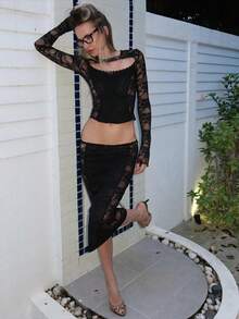 Women's Sexy Black Lace Two Pieces Set, High Stretch Semi-Sheer Bodycon Outfit With Round Neck And Contrast Lace Detail For Special Occasions - Black - View 5