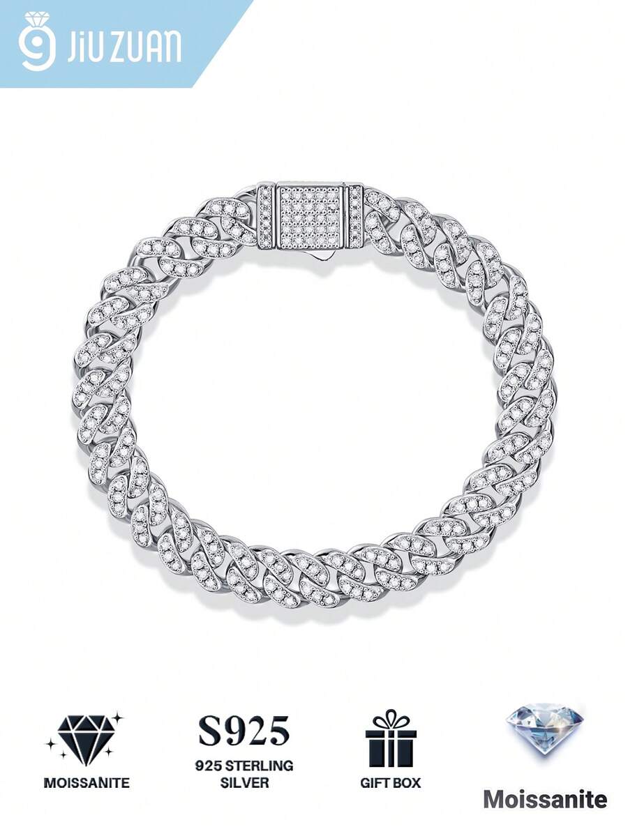 1pc 925 Sterling Silver Moissanite Cuban Link Bracelet, Unisex Hip-Hop Style Jewelry, Valentine's Day, Father's Day, Birthday And Anniversary Gift