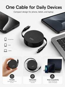 240W USB C To USB C Retractable Fast Charging Cable, Dual-Side Pull Portable Reel Cord With 480Mbps Data Transfer, Aluminum Alloy Shell, Compatible With Laptop, Tablet And Smartphone - Black - View 4