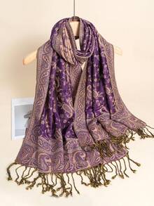 FADZOYLE 1pc Women's Cashew Pattern Stylish Warm Printed Scarf Classic Paisley Hijab And Shawl Hijab For Abaya Travel Accessories - Purple - View 2