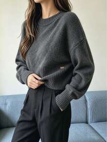 Alicedudu Women's Autumn/Winter Minimalist Fashion Crew Neck Pullover Sweater - Dark Grey - View 3