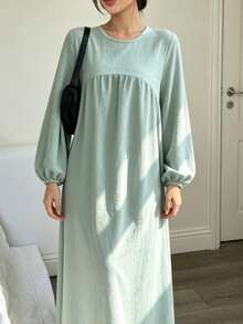 1pc New Plus Size Dress With Ruched Chest, Lantern Sleeve Design, Classic Versatile Abaya For Women's Daily Wear - Multicolor - View 22
