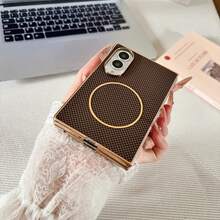 Premium Minimalist Plaid PU Leather Electroplated Phone Shell Compatible With Samsung Galaxy Z Fold 8 Fold 8 Ultra 7 6 5 4 All Inclusive Anti-Drop Business Protective Case Wireless Charging Available - Brown - View 7