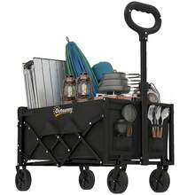 Outsunny 16 Gallon Folding Wagon Cart With Wheels, Heavy-Duty Collapsible Wagon With Drop-Down Tailgate, Adjustable Handle And Cup Holders, For Camping, Garden, Beach, Black - 黑色 - 查看 10