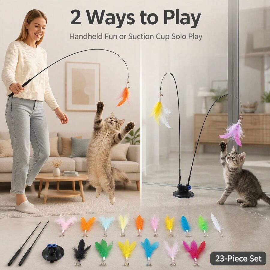 7Alas 23Pcs Interactive Cat Teaser Wand Set With Detachable Feather & Bell Replacement Heads, Suction Cup Handheld Dual-Mode Indoor Hunting Exercise Toys For Kittens And Adult Cats, Self-Play Or Owner Bonding - View 1