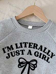 Girls Letter Print Round Neck Long Sleeve Top And Wide Leg Pants With Bow Decor, Autumn/Winter - Grey - View 3
