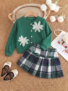 2pcs Tween Girls Sweater Set, Green 3D Floral Long Sleeve Sweater With Vintage Plaid Bow Pleated Skirt, Spring/Autumn Fashion Outfit - Green - View 1