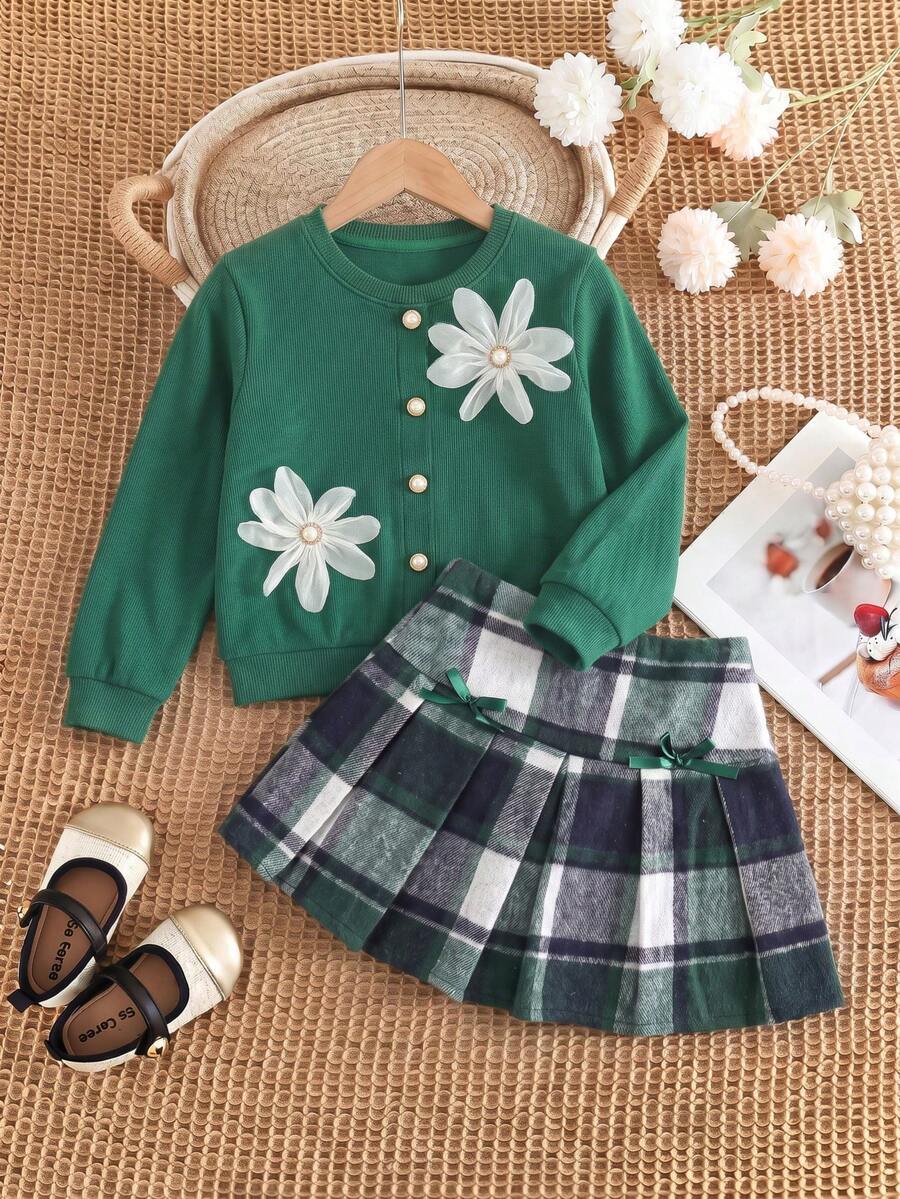 2pcs Tween Girls Sweater Set, Green 3D Floral Long Sleeve Sweater With Vintage Plaid Bow Pleated Skirt, Spring/Autumn Fashion Outfit - Green - View 1