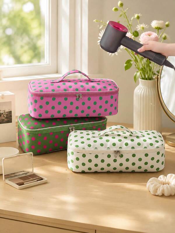 Polka Dot Hair Dryer Storage Bag With Handle, Portable Zipper Travel Case, Large Capacity Hair Styling Tools Organizer Bag For Curling Iron, Flat Iron