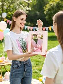 1pc Transparent Window Gift Bag, Transparent Bouquet Gift Bag, Suitable For Girlfriend, With Handle, Suitable For Birthday Party Gift, Small Transparent Gift Packaging Bag, Transparent Tote Bag, Reusable Shopping Bag With Handle - Multicolor - View 4