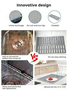 3/1pc Foldable Split Silicone Sink Mat, Hollow Layout Design With Built-In Drainage Channels To Quickly Guide Water Into The Sink. Raised Textured Surface Provides Stable Anti-Slip Effect And Heat-Resistant Properties, Suitable For Insulation And Heat Protection. Can Be Used As Sink Liner, Dish Drying Rack, Table Mat, Suitable For Various Kitchen Scenarios. Ideal Gift For Home Enthusiasts, Available In Gray, Black, Red And Other Color Options To Match Different Cabinet Decor Styles. - Multicolor - View 3