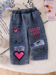 Baby Girl 2pcs Set, Contrast Color Lapel Button Bow Ribbed Long Sleeve Pullover Top + Letter Distressed Butterfly Print Denim Pants - White - View 9