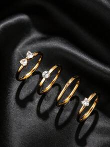 4pcs Set Delicate 18K Gold Plated Stainless Steel Heart & Bow Rhinestone Thin Band Rings, Unisex Daily Wear, Date, Valentine's Day Gift - Gold - View 9