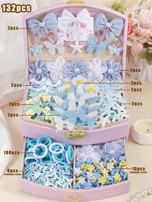 132pcs Blue And White Fresh Style Girls Hair Accessories Set, Including Bow/Flower/Butterfly/Starfish Hair Clips, Star Snap Clips, Mini Claw Clips, Solid Color Towel Scrunchies, Suitable For Daily, Party, Travel Use - Multicolor - View 11