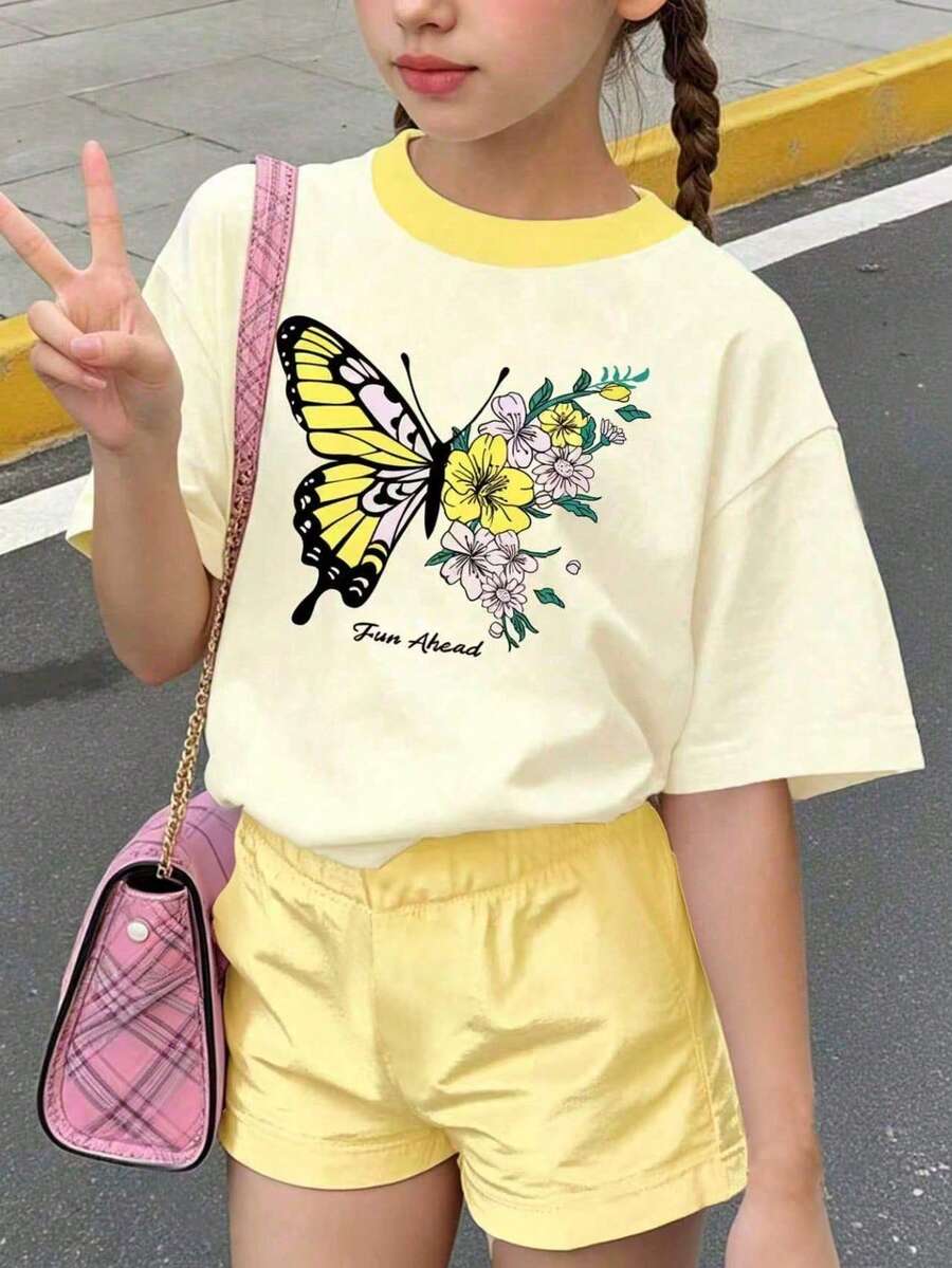 少女蝴蝶與花卉印花短袖T恤短褲套裝 - 杏色 - 查看 1