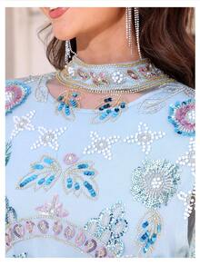 Luxury Elegant Long Robe, Stand Collar, Batwing Sleeves, Mesh Fabric, Embellished With Exquisite Embroidery Details, Autumn Vacation Fall - Baby Blue - View 3