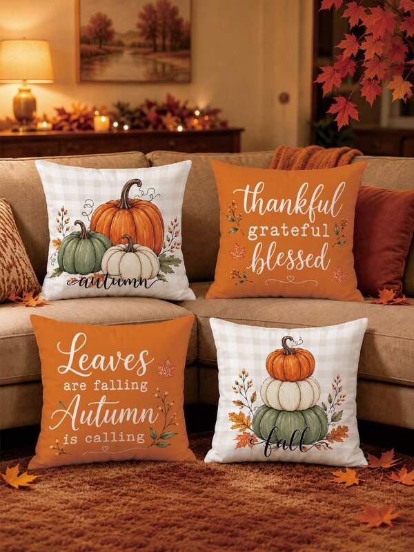 MEMNUN 4 pièces Housses de coussin à motif de citrouille tricolore à carreaux blancs frais d'automne [Sans insert de coussin] 40*40cm/45*45cm/50*50cm [Impression unilatérale] Fabriquées en matériau polyester Les feuilles tombent Automne minimaliste Housses de coussin décoratives Décoration d'automne, Décoration de chambre, Décoration de maison, Décoration de chambre à coucher, Décoration de pièce Articles de décoration pour canapé, lit, salon, chambre à coucher, voiture, bureau, hôtel Housses de coussin jeté Cadeau parfait pour la famille et les amis