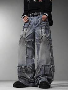 Gothic American Retro Men's Flare Jeans, Classic Splicing Design, Unique Hand Painted Denim Pants (Belt & Accessories Not Included) - Blue - View 1