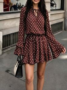 Women's Spring Autumn Summer Polka Dot V-Neck Long Sleeve Ruffle Tie Bodycon Dress Elegant Vacation - Coffee Brown - View 4