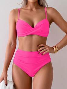 Summer Solid Color Elegant Bohemian Sweet Style Two Pieces Bikini Swimsuit Beach Holiday Set Vacation - Hot Pink - View 4