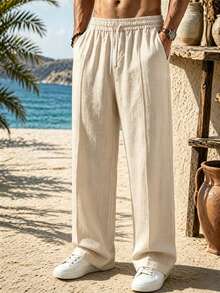 Men's Textured Center-Seam Wide-Leg Long Pants, Loose Fit Outdoor Hiking Jogging Fitness Sports Pants, Spring/Autumn - Apricot - View 2