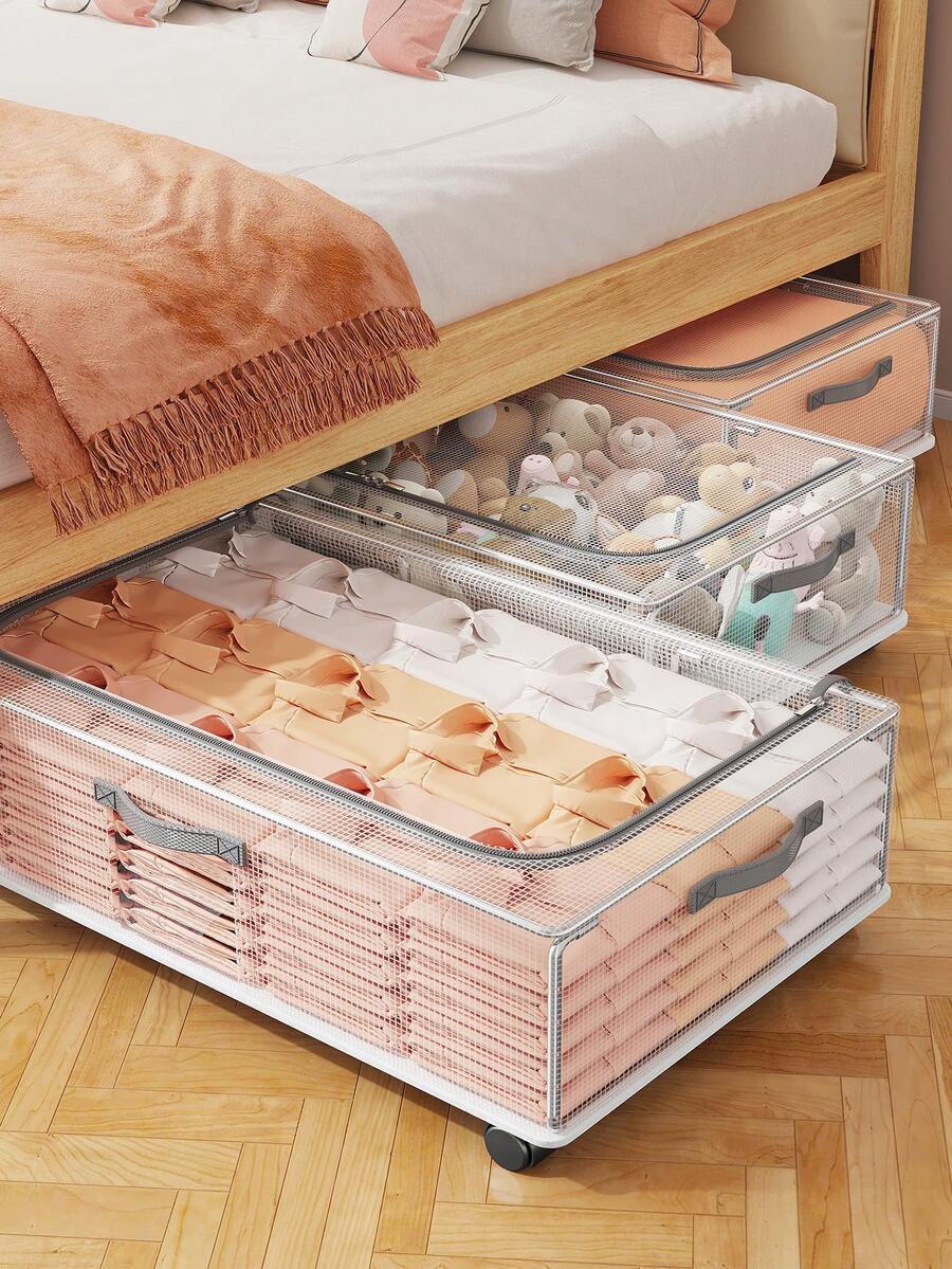 1Pc/2Pcs Under Bed Storage Boxes, PVC Storage Bins With Wheels, Foldable Clear Organizers With Detachable Wheels And Built-In Steel Frame For Stable Support. Suitable For Seasonal, Dorm, Bedroom, Closet And Under-Bed Storage, Room Decoration