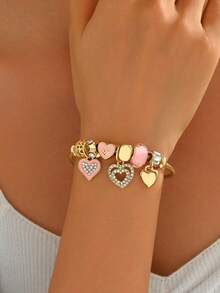 1 Peça Pulseira de Aço Inoxidável com Pingente de Múltiplos Elementos Fofa e Fashion para Mulheres, Adequada para Uso em Férias - Dourado - Visão 2