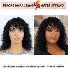 AMECIRE Curly Wig Human Hair Wigs Long Hair For Women With Bangs Water Wave Wig Black Wig Fluffy Shape Elastic Mesh Cap Suitable For Everyday Wear - Natural Black - View 4