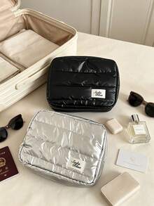 1pc/8pcs Quilted Fluffy Metallic Makeup Bag, Large Capacity Zipper Cosmetic Storage Bag With Label Decoration, Soft Portable Travel Toiletry Organizer, Fashionable Women's Makeup Bag, Suitable For Daily Life, Short Trips And Vacation - Multicolor - View 6