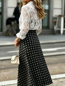 Women's Autumn/Winter Preppy Style Sheer Lace Blouse With Collar And Matching Tie, Contrast Cuff Design, Elegant And Feminine Vacation White - White - View 3