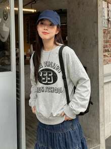 Solid Color Vintage Print Crew Neck Sweatshirt For Women - Grey - View 4