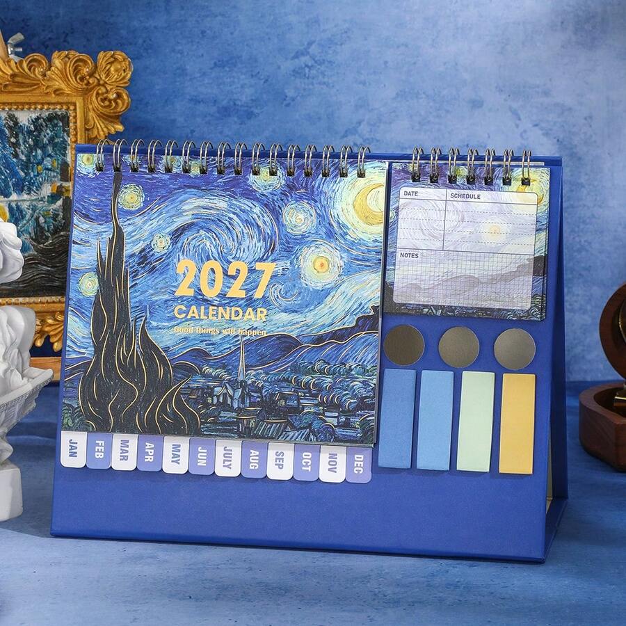 2027 Desktop Calendar With Stickers Oil Painting Theme 12 Months Weekly Monthly Planner, Portable Schedule Organizer For Office, Home, School, Decorative Calendar, Perfect For New Year, Birthday Gift - Single Piece - View 1