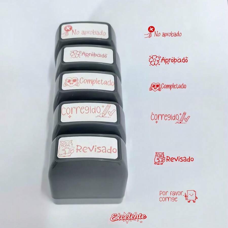Office Supplies Grading Stamps, Spanish Language Daily Learning Outcome And Homework Evaluation Expressions, Grading Homework, Home Encouragement Scoring And Comment Stamps, Red Ink, Passed, Excellent, Qualified, Completed, Corrected And Other Assessment Stamps - Grey Case Small Spanish - View 1