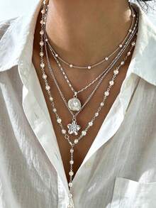 4pcs/Set Fashion Elegant Women's Floral Faux Pearl Shell Pendant Thin Chain Necklace Set, Layerable, Suitable For Daily Wear, Birthday, Party, Vacation, All Year Round, Holiday Gift, Perfect Gift Choice - Silver - View 8