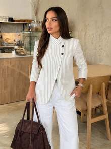 Women's Spring/Summer Striped Casual Blazer, Vintage Elegant, Professional Confident Workplace Style, Unlined White Fall - White - View 8