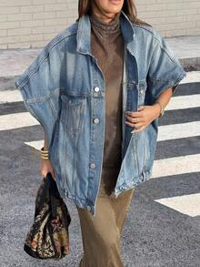 Fashionable Versatile Loose Turndown Collar Denim Jacket, Unique Design Short Sleeve Denim Jacket For Commuting Casual Summer - Light Wash - View 5