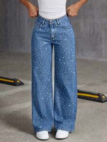 Fashionable Rhinestone Embellished Loose Wide-Leg Jeans For Teenage Girls - Dark Wash - View 2