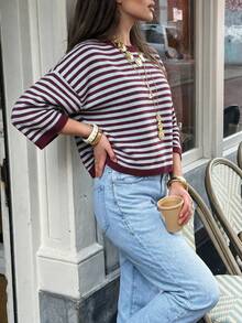 FOR BEAUTY Summer Autumn Y2K Women's Knit Top Elegant Luxury Burgundy Striped Mohair Sweater Fluffy Loose T-Shirt Suitable For Cafe Date Street Style Daily Wear - Blue and Red - View 10