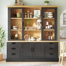 Tall Kitchen Cabinet With 6 Large Drawers, Glass Doors, Anti-Tip Device, And Metal Rails, 140x185 Cm, Storage Cabinet For Kitchen And Dining Room - 黑色 - 查看 4